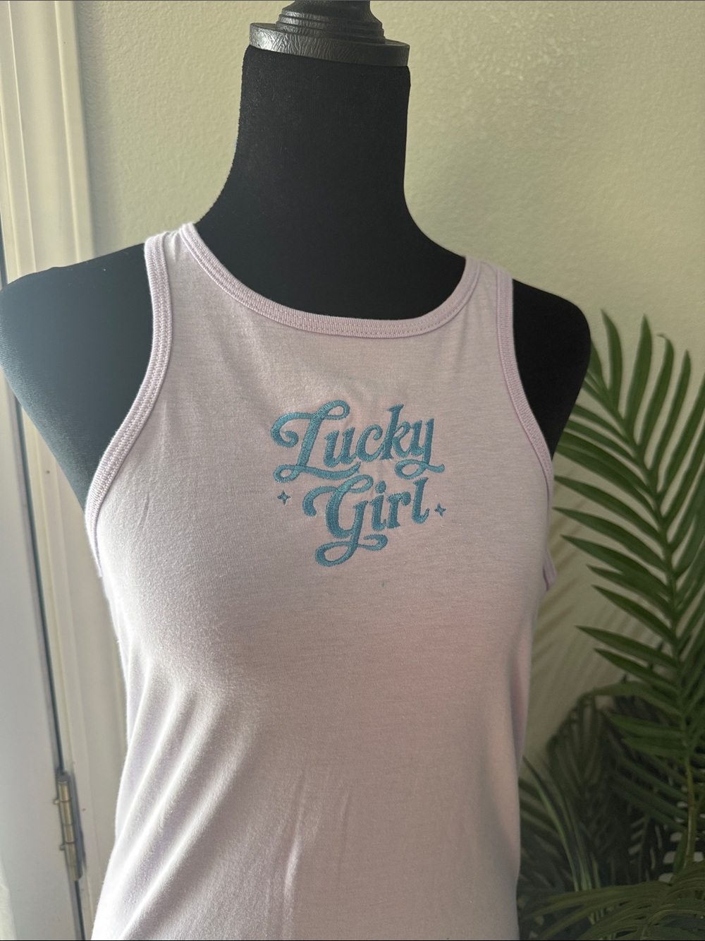 American Apparel Lilac Tank with Lucky Girl Embroidery